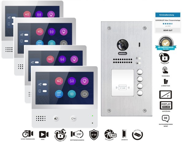 Vier Familien Video Türsprechanlagen Set bestehend aus DT471+DT607 RFID Zugangskontrolle Unterputz